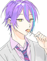 Rule 34 | 1boy, aqua hair, candy, collared shirt, commentary, diagonal-striped clothes, diagonal-striped necktie, double-parted bangs, earrings, food, hair between eyes, hk (wgyz7222), holding, holding candy, holding food, holding lollipop, jewelry, kamishiro rui, kamiyama high school uniform (project sekai), lollipop, looking at viewer, male focus, multicolored hair, necktie, open collar, open mouth, project sekai, purple hair, school uniform, shirt, simple background, solo, streaked hair, striped clothes, two-tone hair, upper body, white background, yellow eyes