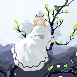Rule 34 | 1girl, bird, blonde hair, closed eyes, closed mouth, commentary request, facial hair, flat chest, hat, highres, in tree, kaigen 1025, lily white, long hair, long skirt, long sleeves, outdoors, shirt, sitting, sitting in tree, skirt, skirt set, smile, solo, touhou, tree, white hat, white shirt, white skirt