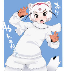 Rule 34 | 1girl, animal ears, black eyes, blue background, emil (fafa), extra ears, gloves, highres, kemono friends, least weasel (kemono friends), looking at viewer, pantyhose, ribbon, scarf, short hair, shorts, simple background, solo, sweater, tail, translation request, weasel ears, weasel girl, weasel tail, white hair