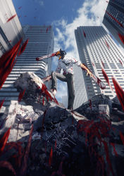 Rule 34 | 1boy, absurdres, belt, black necktie, blood, blood on clothes, blood splatter, bloody weapon, building, chainsaw, chainsaw man, city, debris, denji (chainsaw man), highres, intestines, key visual, necktie, official art, promotional art, raining blood, sharp teeth, shirt tucked in, solo, standing, teeth, weapon