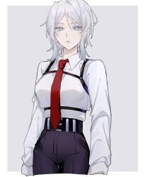 Rule 34 | 1girl, aojiru oisiiiii, belt, black pants, blue eyes, border, breasts, chest harness, collared shirt, faust (project moon), grey background, harness, highres, limbus company, long sleeves, looking at viewer, medium breasts, necktie, no jacket, pants, project moon, red necktie, shirt, short hair, simple background, solo, white border, white hair, white shirt