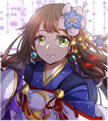 Rule 34 | 1girl, bad id, bad twitter id, blue kimono, brown hair, citrine 11, crescent, earrings, flower, frilled sleeves, frills, green eyes, grimms notes, hair flower, hair ornament, highres, japanese clothes, jewelry, kaguyahime (gekkou) (grimms notes), kimono, long hair, ribbon, smile, solo, white background, white ribbon