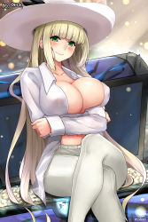 Rule 34 | 1girl, arms under breasts, blonde hair, breast hold, breasts, character request, coin, collarbone, crossed arms, crossed legs, dungeon and fighter, gold, green eyes, hat, knight, large breasts, long hair, mole, mole on breast, navel, open clothes, open shirt, shaojiang, shirt, sidelocks, sitting, smile, solo, treasure chest, very long hair, white shirt, wide hips