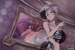 Rule 34 | 1girl, android, artist name, brown hair, crack, damaged, different reflection, grey eyes, grey hair, indoors, key the metal idol, mechanical parts, mima tokiko, mirror, multicolored hair, nude, purple hair, reflection, standing, wtfman