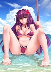 Rule 34 | 1girl, alternate costume, bikini, blue sky, breasts, cloud, cloudy sky, day, fate/grand order, fate (series), flower, gae bolg (fate), hair flower, hair intakes, hair ornament, hibiscus, highres, holding, holding weapon, large breasts, long hair, looking at viewer, nail polish, navel, ocean, outdoors, partially submerged, pink bikini, polearm, purple bikini, purple hair, red eyes, sakuya (liao kj), scathach (fate), scathach (fate), scathach (swimsuit assassin) (fate), sky, smile, solo, sparkle, spear, spread legs, swimsuit, very long hair, weapon