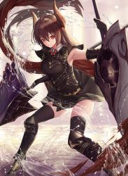 Rule 34 | 1girl, absurdres, armor, armpits, black thighhighs, breasts, brown hair, closed mouth, dual wielding, elbow gloves, fighting stance, forte (shingeki no bahamut), gloves, highres, holding, holding polearm, holding spear, holding weapon, horns, large breasts, long hair, looking at viewer, medium breasts, nekobell, pointy ears, polearm, red eyes, shadowverse, shingeki no bahamut, skirt, smile, solo, spear, thighhighs, weapon