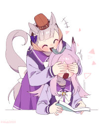 Rule 34 | +++, 2girls, ^ ^, book, bow, brown headwear, closed eyes, commentary request, ear covers, ggubii0225, gold ship (umamusume), grey hair, guess who, hat, highres, holding, holding book, korean commentary, long sleeves, mejiro mcqueen (umamusume), mini hat, multiple girls, open book, pleated skirt, purple hair, purple shirt, purple skirt, shirt, simple background, skirt, sleeves past wrists, surprised, umamusume, white background, white bow