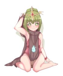 Rule 34 | 1girl, armpits, barefoot, cloak, closed mouth, dress, feet, fire emblem, fire emblem: mystery of the emblem, fire emblem heroes, green eyes, green hair, long hair, maidforge, nintendo, pink dress, pointy ears, ponytail, short dress, simple background, sitting, smile, solo, stone, tiara, tiki (fire emblem), tiki (young) (fire emblem), white background, wristband