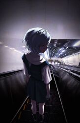 Rule 34 | 1girl, absurdres, arms at sides, ayanami rei, black socks, blue dress, blue hair, dress, escalator, expressionless, from behind, full body, highres, indoors, loafers, looking at viewer, looking back, neon genesis evangelion, no mouth, photo background, pinafore dress, shirt, shoes, short hair, sleeveless, sleeveless dress, socks, solo, standing, tunnel, weizhe37785, white footwear, white shirt