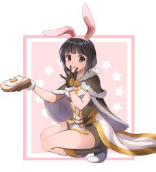 Rule 34 | 1girl, :q, animal ears, black eyes, black hair, bob cut, boots, bread slice, breasts, brown cape, brown dress, brown footwear, brown gloves, cape, cleavage, closed mouth, commentary request, dress, fake animal ears, food, fried egg, fried egg on toast, full body, fur-trimmed cape, fur-trimmed gloves, fur trim, gloves, hairband, high wizard (ragnarok online), hohohoi, holding, holding food, layered dress, looking at viewer, medium breasts, pink background, pink hairband, rabbit ears, ragnarok online, ragnarok origin, short dress, short hair, smile, solo, squatting, star (symbol), toast, tongue, tongue out, two-tone dress, two-tone footwear, white background, white dress, white footwear