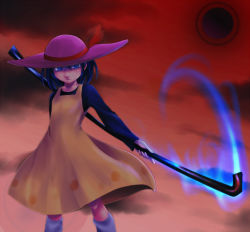 Rule 34 | 1girl, andou natsumi, aura, black sun, blue eyes, blue hair, crowbar, dress, female focus, halo, hat, holding, holding crowbar, holding weapon, kasou (km6i), left-handed, long sleeves, matching hair/eyes, natsumi step!, oversized object, red sky, scythe, serious, sky, solo, standing, sun, sun hat, sundress, weapon, yellow dress