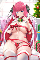 Rule 34 | 1girl, :p, alternate hair length, alternate hairstyle, black ribbon, blue eyes, bow, bow panties, box, breasts, cape, christmas tree, commentary, cyicheng, gift, gift box, go-toubun no hanayome, hair ribbon, hand up, large breasts, long hair, looking at viewer, nail art, nakano nino, navel, panties, pillow, pink hair, red cape, red panties, ribbon, solo, stomach, thighhighs, thighs, tongue, tongue out, topless, underboob, underwear, v, very long hair, white thighhighs, window
