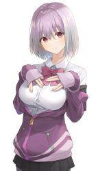 Rule 34 | 1girl, black skirt, bow, bowtie, breasts, closed mouth, gridman universe, highres, jacket, kanaria hisagi, large breasts, long sleeves, looking at viewer, pink bow, pink bowtie, pink hair, pleated skirt, purple jacket, red eyes, school uniform, shinjou akane, shirt, short hair, simple background, skirt, smile, solo, ssss.gridman, white background, white shirt