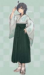 Rule 34 | 1girl, adapted costume, ahoge, black hair, checkered background, commentary request, floral print, full body, green eyes, green hakama, hakama, hakama skirt, highres, japanese clothes, kantai collection, looking at viewer, matsukaze (kancolle), one eye closed, sandals, short hair, skirt, solo, standing, swept bangs, wavy hair, wss (nicoseiga19993411)