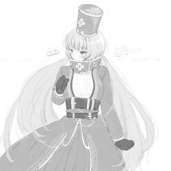 Rule 34 | 1girl, belt, breasts, bus, charon (project moon), coat, gloves, greyscale, hand up, hat, limbus company, long hair, long sleeves, low twintails, medium breasts, mephistopheles (project moon), monochrome, motor vehicle, project moon, shako cap, simple background, solo, twintails, uchimura (rino0525), very long hair