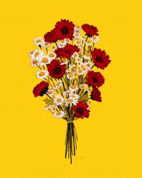 Rule 34 | bouquet, chamomile, flower, flower focus, highres, leaf, libbyframe, no humans, original, plant, red flower, signature, simple background, white flower, yellow background