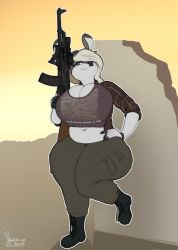 blonde_hair boots breasts cleavage colored_skin female_focus full_body furry green_eyes grey_shirt grey_skin gun hand_on_own_hip holding holding_weapon huge_breasts looking_at_viewer midriff navel pants shakotanbunny shirt solo standing watch weapon wide_hips yellow_background