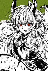 Rule 34 | 1girl, bow, chinese commentary, commentary, dress, ex-keine, fang, green background, greyscale with colored background, hair between eyes, highres, horn bow, horn ornament, horns, kamishirasawa keine, long hair, looking at viewer, monochrome, nanzhi713, neckerchief, parted lips, pointy ears, red eyes, scroll, solo, spot color, touhou, tsurime, upper body, very long hair