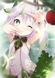 Rule 34 | + +, 1girl, blurry, child, closed mouth, commentary request, cowboy shot, depth of field, double-parted bangs, eyelashes, finger frame, genshin impact, green eyes, grey hair, hair between eyes, hands up, highres, hitomi13, light blush, looking at viewer, medium hair, nahida (genshin impact), one eye closed, outdoors, shirt, side ponytail, sleeveless, sleeveless shirt, smile, solo, standing, water, white shirt