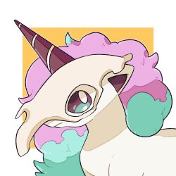 Rule 34 | brown sclera, closed mouth, colored sclera, cosplay, creatures (company), cubone, cubone (cosplay), galarian form, galarian ponyta, game freak, gen 1 pokemon, gen 8 pokemon, green hair, grey background, highres, horns, long hair, multicolored hair, nintendo, no humans, orange background, pink hair, pokemon, pokemon (creature), single horn, solo, teletelo, two-tone background, two-tone hair, upper body