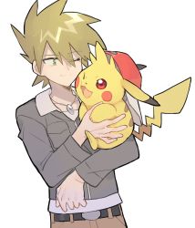Rule 34 | 1boy, bad id, bad twitter id, belt, blue oak, brown pants, closed mouth, clothed pokemon, collarbone, commentary request, creatures (company), game freak, gen 1 pokemon, green eyes, grey jacket, highres, holding, holding pokemon, jacket, jewelry, light smile, long sleeves, necklace, nintendo, one eye closed, pants, pikachu, pokemon, pokemon (creature), pokemon hgss, rata (m40929), spiked hair, white background, yellow fur