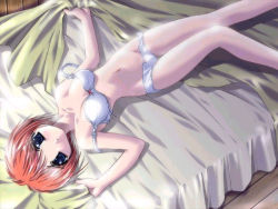 Rule 34 | 1girl, bed, bra, from above, full body, game cg, indoors, knees together feet apart, lingerie, narrow waist, oono tetsuya, panties, parted bangs, prism heart, red hair, short hair, solo, underwear, underwear only, wooden floor