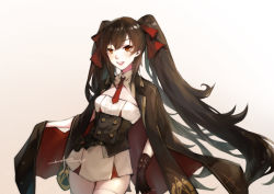 Rule 34 | 1girl, absurdres, black hair, cleavage cutout, clothing cutout, girls&#039; frontline, gloves, hair ribbon, hei chuan gui, highres, long hair, necktie, type 97 (girls&#039; frontline), red eyes, ribbon, signature, skirt, solo, twintails