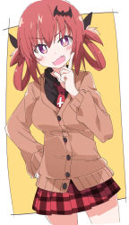 Rule 34 | 1girl, bat hair ornament, black shirt, blush, cardigan, fang, gabriel dropout, hair ornament, hand on own hip, index finger raised, ixy, looking at viewer, necktie, open mouth, pink eyes, plaid, plaid skirt, red hair, red necktie, red skirt, satanichia kurumizawa mcdowell, school uniform, shirt, skin fang, skirt, solo, thighs, two-tone background, white background, yellow background