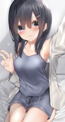 Rule 34 | 1girl, absurdres, arm up, black hair, blush, breasts, camisole, closed mouth, collarbone, commentary request, drawstring, grey camisole, grey shirt, grey shorts, hair between eyes, hair ornament, hairclip, hand up, hat, highres, long hair, looking at viewer, medium breasts, neku (neku draw), open clothes, open shirt, original, reaching, reaching towards viewer, red eyes, selfie, shirt, short shorts, shorts, sitting, solo, w