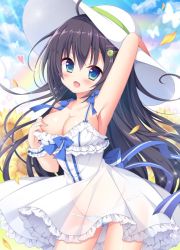Rule 34 | 1girl, ahoge, areola slip, arm up, armpits, bare arms, black hair, blue eyes, blue panties, blue ribbon, breasts, bug, butterfly, cleavage, cloud, collarbone, commentary request, cowboy shot, day, dress, hair ornament, hairclip, hat, insect, jpeg artifacts, leaf, long hair, looking at viewer, medium breasts, open mouth, original, outdoors, panties, picpicgram, rainbow, ribbon, see-through, sky, sleeveless, sleeveless dress, smile, solo, standing, sun hat, sundress, sunlight, underwear, very long hair, white dress, white hat, wrist cuffs
