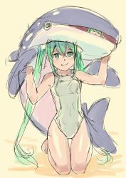 Rule 34 | 2girls, = =, aqua eyes, aqua hair, chibi miku (mayo riyo), commentary, hands up, hatsune miku, holding, holding toy, inflatable dolphin, inflatable toy, long hair, mayo riyo, multiple girls, one-piece swimsuit, seiza, sepia, sitting, sketch, smile, swimsuit, thigh gap, toy, twintails, v, very long hair, vocaloid, white one-piece swimsuit, yellow background