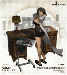 Rule 34 | 1girl, babydoll, back turned, bahao diqiu, black choker, black hair, black nails, black panties, black ribbon, breasts, choker, clipboard, colt walker, colt walker (girls&#039; frontline), colt walker (pillow talk with maggie) (girls&#039; frontline), cup, dark-skinned female, dark skin, desk, drawer, earrings, eyebrows hidden by hair, girls&#039; frontline, green eyes, green towel, grin, highres, holding, holding clipboard, id card, jewelry, lab coat, lace, lace choker, lace trim, lamp, lanyard, large breasts, looking at viewer, medium hair, necklace, necklace between breasts, official alternate costume, official art, panties, paper, pen, ribbon, scalpel, slippers, smile, standing, stethoscope, stud earrings, tools, tray, tsurime, tying hair, underwear, wooden desk