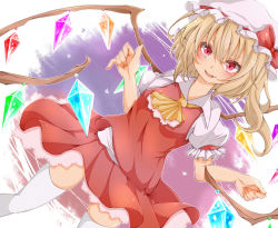 Rule 34 | 1girl, ascot, blonde hair, blush, fang, flandre scarlet, hat, long hair, looking at viewer, mine1225, open mouth, red eyes, side ponytail, skirt, smile, solo, thighhighs, touhou, white background, wings