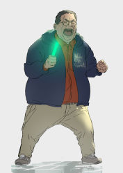 Rule 34 | 1boy, black hair, blue jacket, clenched hand, clothes writing, commentary request, crying, double chin, closed eyes, fat, fat man, full body, glasses, glowstick, grey background, holding, jacket, kakeami, long sleeves, male focus, meme, oota kuniyoshi, oota kuniyoshi face (meme), open mouth, otaku, pants, red shirt, shirt, shoes, simple background, sneakers, solo, standing, tears, wake up girls!