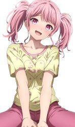 Rule 34 | 1girl, :d, absurdres, bang dream!, blush, bow, clothes writing, collarbone, commentary, cowboy shot, head tilt, heart, heart print, highres, looking at viewer, maruyama aya, medium hair, nose blush, noshimurin, open mouth, pants, pink bow, pink eyes, pink hair, pink pants, polka dot, polka dot shirt, print shirt, raised eyebrows, shirt, short sleeves, sidelocks, simple background, sitting, smile, solo, sweat, teeth, twintails, upper teeth only, v arms, white background, yellow shirt