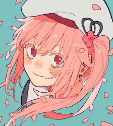 Rule 34 | 1girl, aqua background, beret, black ribbon, cropped shoulders, hair between eyes, hair ornament, harusame (kancolle), hat, kantai collection, long hair, looking at viewer, petals, pink hair, ponytail, portrait, red eyes, ribbon, side ponytail, sidelocks, simple background, smile, solo, sumoffu