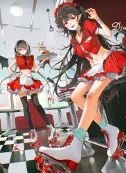 2girls absurdres apron aqua_socks bandaid bandaid_on_knee bandaid_on_leg bandaid_on_wrist bar_stool black_hair black_necktie black_thighhighs blood blood_splatter blunt_bangs booth_seating braid breasts ceiling_light cleavage commentary cross crucifix demon_girl demon_tail demon_wings diner english_commentary fangs fingernails frilled_shirt frills grey_choker grey_hair hair_over_one_eye highres knife long_hair looking_at_viewer low_twin_braids medium_breasts midriff multiple_girls navel necktie needle original pointy_ears red_eyes red_nails red_shirt red_skirt restaurant roller_skates sharp_fingernails shirt sidelocks sitting skates skirt socks standing stool sweatdrop tail thigh_strap thighhighs twin_braids very_long_hair waist_apron waitress white_apron white_footwear wings ye_jji