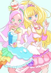 Rule 34 | 2girls, bead necklace, beads, big hair, blonde hair, blue eyes, blunt bangs, clothing cutout, commentary, cure finale, cure parfait, delicious party precure, dress, earrings, english commentary, food-themed clothes, food-themed hair ornament, frilled dress, frills, gloves, green eyes, green hairband, hair ornament, hairband, halftone, highres, in-franchise crossover, jewelry, jj (ssspulse), kasai amane, kirahoshi ciel, kirakira precure a la mode, long bangs, long hair, long sleeves, looking at viewer, magical girl, medium dress, multicolored clothes, multicolored dress, multiple girls, necklace, open mouth, parfait, pink hair, precure, purple headwear, shoulder cutout, side-by-side, smile, standing, tiara, trait connection, white dress, white gloves