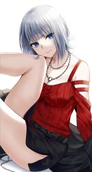 Rule 34 | 1girl, belt, black skirt, blue eyes, breasts, clothing cutout, grey hair, highres, jewelry, knee up, looking at viewer, medium breasts, necklace, nicky w, original, red shirt, ribbed shirt, shirt, short hair, shoulder cutout, side slit, sidelocks, sitting, skirt, smile, solo