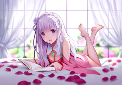 Rule 34 | 10s, 1girl, :d, bare legs, bare shoulders, barefoot, bed sheet, blurry, book, braid, breasts, cleavage, cleavage cutout, clothing cutout, crown braid, crystal, curtains, day, depth of field, detached sleeves, dress, elf, emilia (re:zero), eyebrows, eyelashes, feet, flower, full body, hair flower, hair ornament, hair ribbon, highres, indoors, legs up, long hair, looking at viewer, lying, medium breasts, on stomach, open book, open mouth, petals, pink dress, pointy ears, purple dress, purple eyes, re:zero kara hajimeru isekai seikatsu, revision, ribbon, silver hair, smile, soles, solo, straight hair, the pose, window, yin.