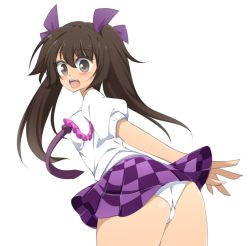 Rule 34 | 1girl, blush, bow, brown eyes, brown hair, checkered clothes, checkered skirt, hachi (chihagura), hair bow, himekaidou hatate, looking back, necktie, open mouth, panties, pantyshot, skirt, solo, touhou, twintails, underwear, white panties