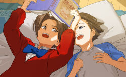 Rule 34 | 2boys, ace attorney, black hair, blue bow, blue eyes, blue shirt, book, bow, child, collared shirt, floor, grey eyes, grey hair, hair intakes, holding, holding book, jacket, looking at another, lying, miles edgeworth, multiple boys, on back, open book, open mouth, phoenix wright, red jacket, roku (bb8800xx), shirt, short hair, short sleeves, smile, spiked hair, sweater, white shirt