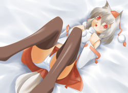 Rule 34 | 1girl, absurdres, animal ears, bare shoulders, bed, black thighhighs, blush, breasts, chus, detached sleeves, fang, hat, highres, inubashiri momiji, looking at viewer, midriff, open mouth, panties, pom pom (clothes), red eyes, short hair, silver hair, smile, solo, tail, thighhighs, tokin hat, touhou, underwear, white panties, wolf ears, wolf tail