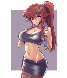 Rule 34 | 1girl, artist request, blush, breasts, cleavage, hair ornament, hair tie, highres, lamia, long hair, miia (monster musume), miniskirt, monster girl, monster musume no iru nichijou, pointy ears, ponytail, red hair, skirt, solo, source request, sports bra, sportswear, sweat, towel, yellow eyes