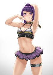 Rule 34 | 1girl, :q, arm behind head, armpits, arms up, bare shoulders, belt collar, bikini, bikini skirt, blunt bangs, blush, breasts, cleavage, collar, collarbone, commentary, cowboy shot, diagonal bangs, groin, highres, idolmaster, idolmaster shiny colors, long hair, looking at viewer, midriff, miniskirt, multicolored bikini, multicolored clothes, navel, ponytail, purple eyes, purple hair, purple skirt, sidelocks, simple background, skindentation, skirt, small breasts, solo, standing, stmoon, striped bikini, striped clothes, swimsuit, tanaka mamimi, thigh strap, tongue, tongue out, white background