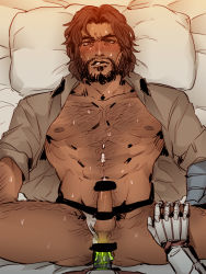 Rule 34 | 2boys, abs, anal, bara, beard, bed, blush, body hair, cassidy (overwatch), censored, erection, facial hair, francishsie, genji (overwatch), highres, lying, male focus, male penetrated, msucle, multiple boys, overwatch, overwatch 1, penis, pillow, pov, sex, sweat, yaoi