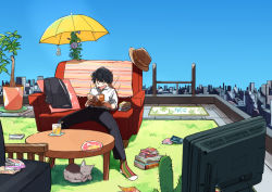 Rule 34 | 1boy, :d, ^ ^, black hair, black pants, book, book stack, brown hat, building, cactus, carpet, cat, closed eyes, collared shirt, comic, couch, day, drinking straw, enomoto kankuro, flower, glass, hat, holding, holding book, ladder, laughing, male focus, open book, open mouth, original, outdoors, pants, plant, potted plant, rooftop, shirt, short hair, sitting, sky, smile, socks, spread legs, striped clothes, striped legwear, striped socks, table, television, teruterubouzu, umbrella, vertical-striped clothes, vertical-striped socks, vines, white shirt, wing collar