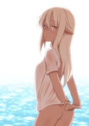 Rule 34 | 1girl, :/, arms behind back, ass, blonde hair, blush, bottomless, bracelet, cowboy shot, dark-skinned female, dark skin, expressionless, eyebrows, from behind, hair between eyes, interlocked fingers, jewelry, kuroshiro gurei, long hair, looking at viewer, looking back, naked shirt, original, outdoors, pointy ears, see-through, shirt, short sleeves, simple background, solo, standing, t-shirt, v arms, very long hair, water, wet, wet clothes, wet shirt, white background, white shirt, yellow eyes