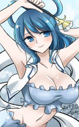 Rule 34 | 1girl, armpits, artist name, blue eyes, blue hair, breasts, cleavage, dated, hagoromo, hair ornament, hair stick, highres, hip focus, hisin, kaku seiga, large breasts, midriff, navel, one-hour drawing challenge, shawl, signature, smile, taut clothes, touhou