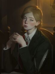 Rule 34 | 1girl, black jacket, blazer, blonde hair, blue eyes, blush, krista lenz, closed mouth, collared shirt, elbow rest, highres, indoors, jacket, jewelry, looking at viewer, medusa 149, necklace, own hands together, parted bangs, quill, realistic, shingeki no kyojin, shirt, short hair, solo, upper body, white shirt